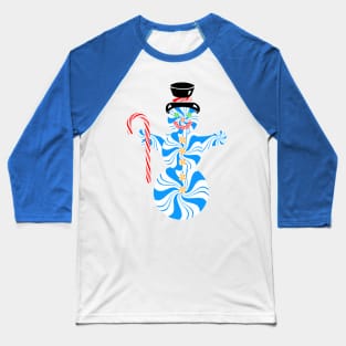 Blue Peppermint Snowman with Candy Cane Baseball T-Shirt